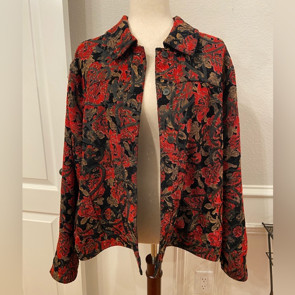 Coldwater Creek Jacket Blazer Size 2X Red Tapestry Brocade Metallic Accents
